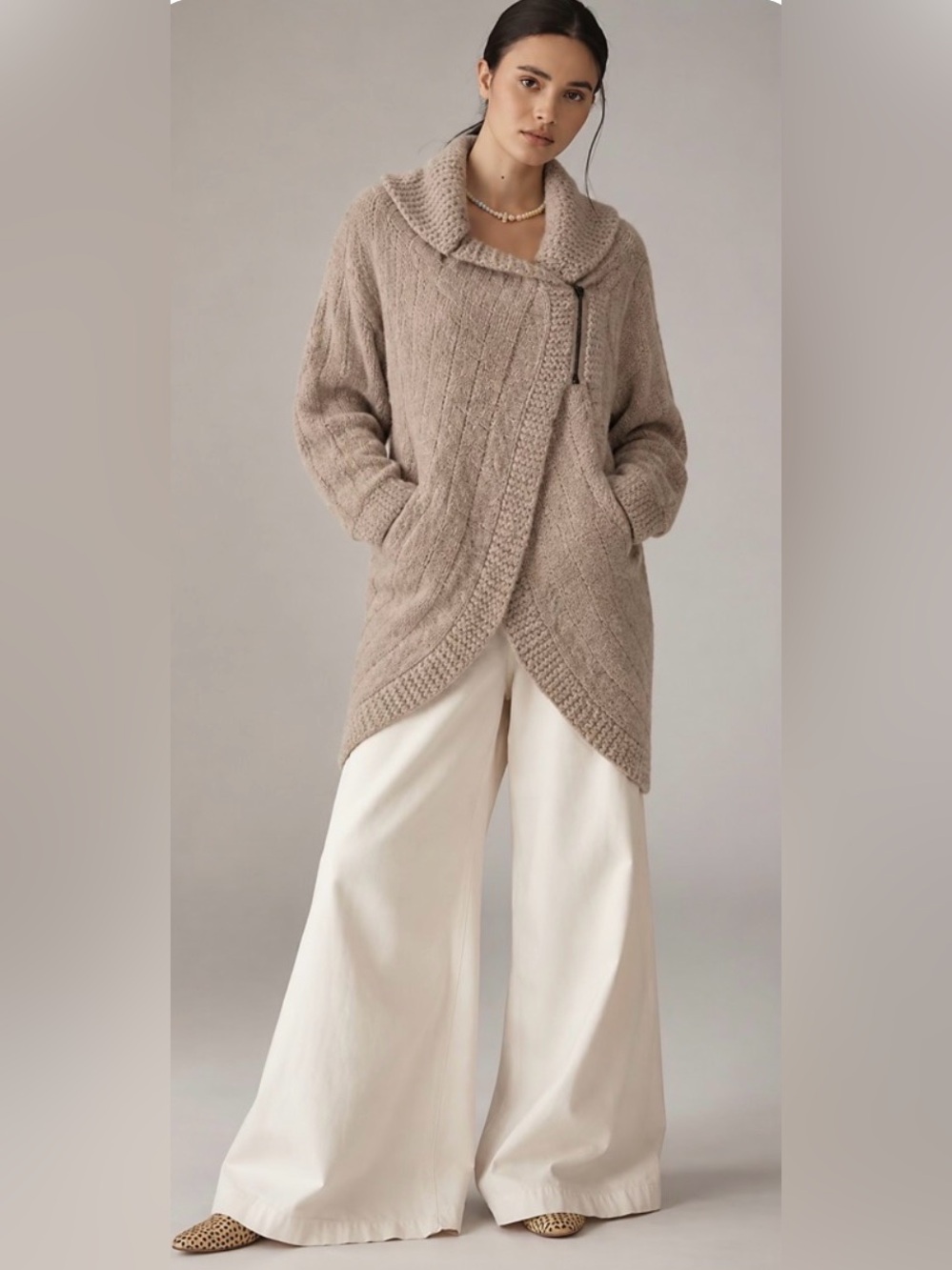 Anthropologie Alpaca Wool Blend Zip Front Chunky Knit Cardigan Sweater Taupe XS